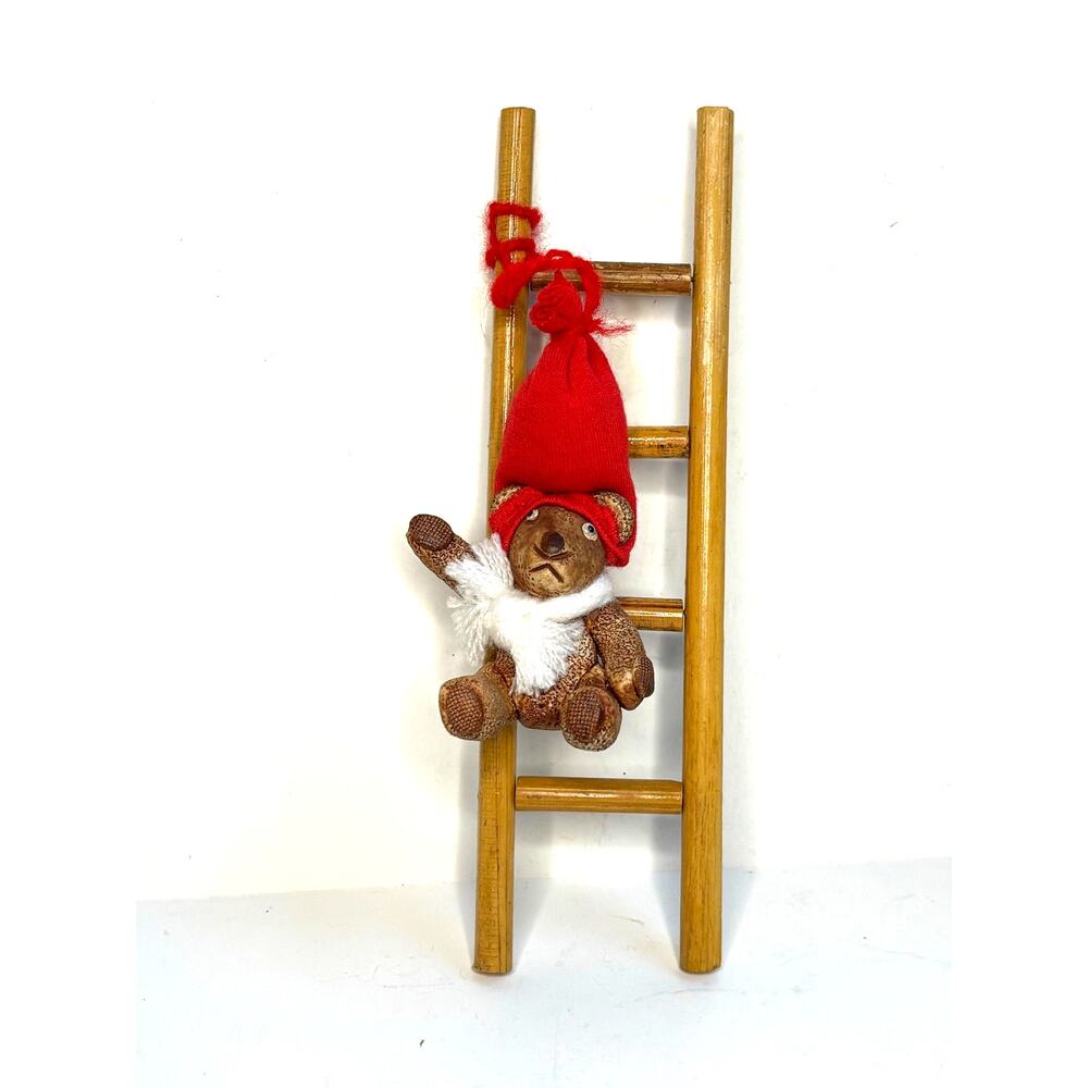 Ceramic Christmas Bear Red Hat Hanging on Ladder Traditional Holiday Decor
